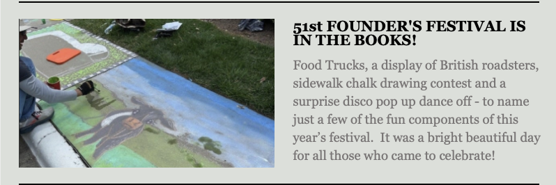 A person creates a colorful sidewalk chalk drawing of a horse on grass during an outdoor festival, with art supplies scattered nearby on the pavement. Fearrington Village